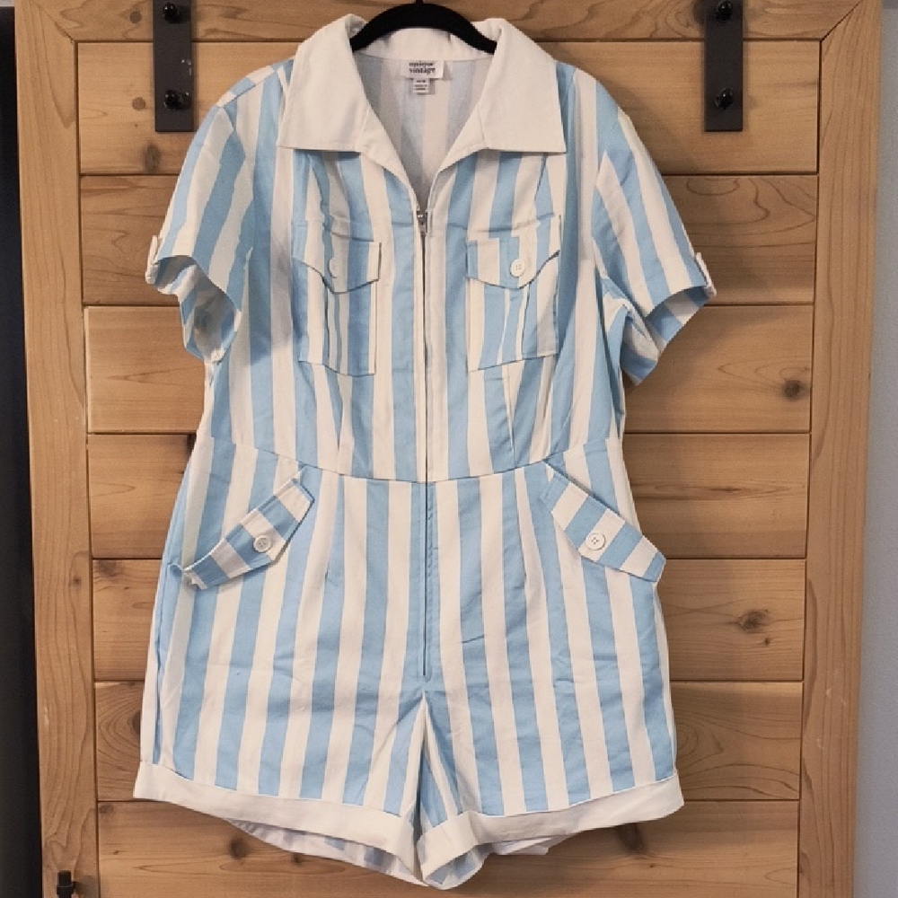 Unique Vintage Blue and White Striped One Piece Romper